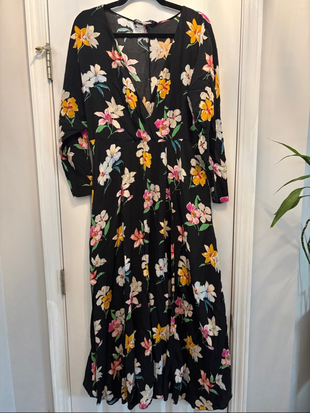 Zara Black Floral Wrap Maxi Dress with V-Neck